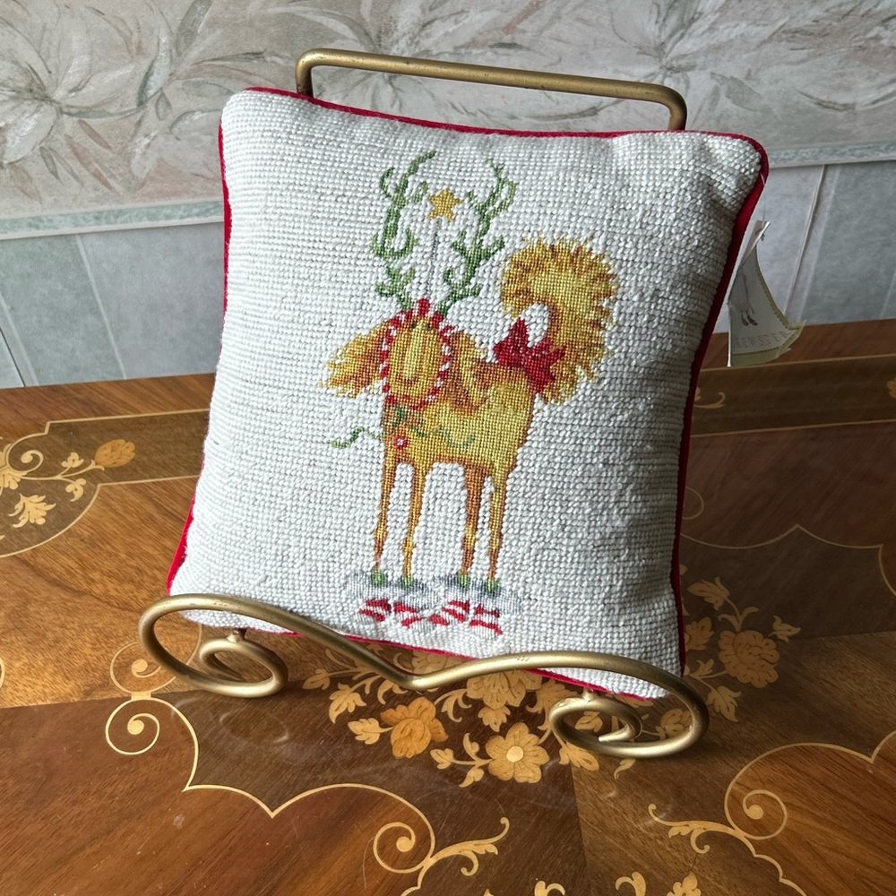 NWT Patience Brewster Needlepoint Pillow Kringle Reindeer Christmas Mackenzie